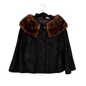 Macy's New York Vintage Coat L Winter Faux Fur Collar Textured Crop Jacket Black
